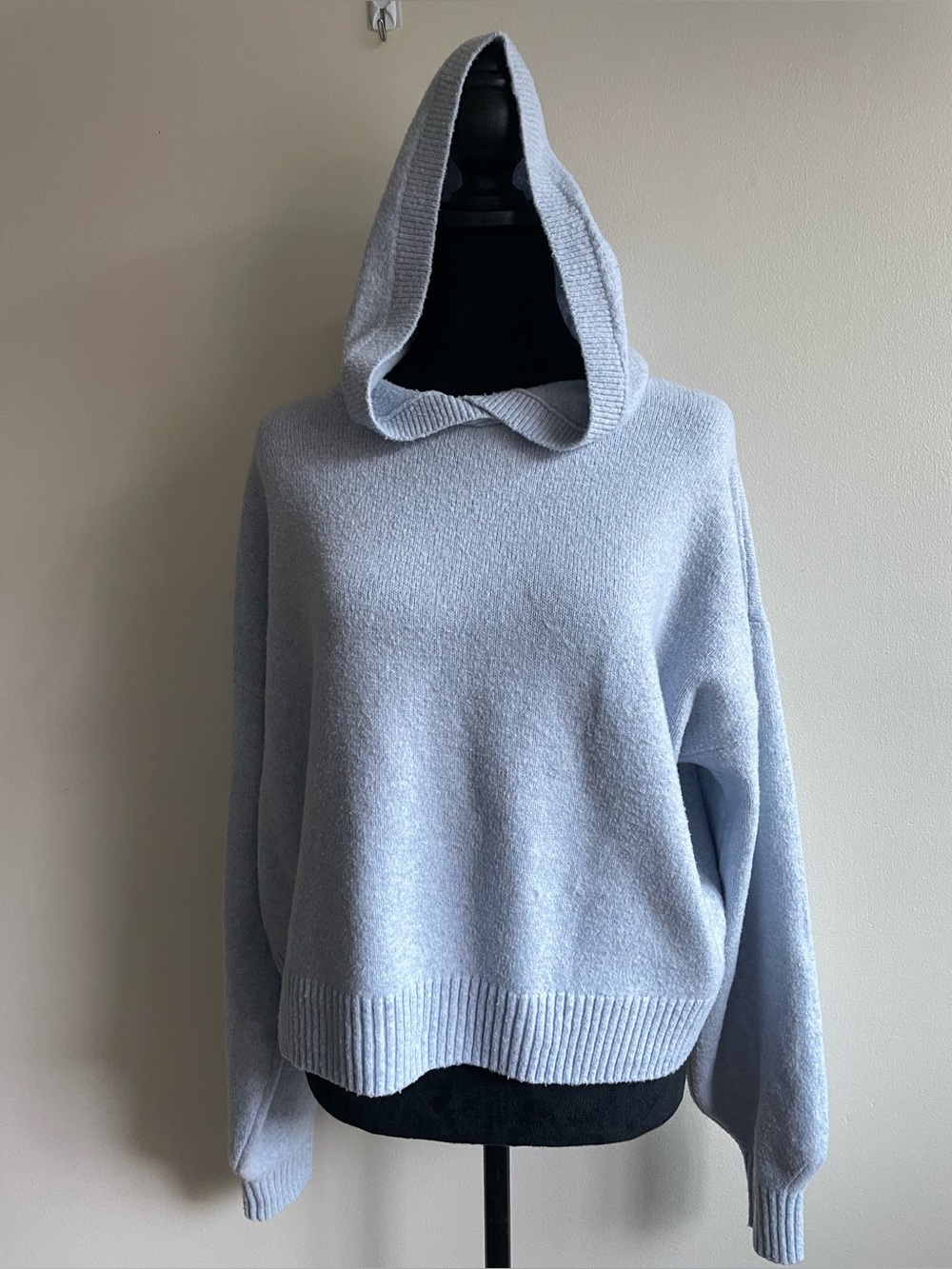 Hollister Light Blue Knit Hoodie Oversized Relaxed Sweater S